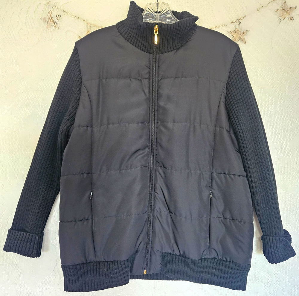 Chaps Classic Women Mix Media Large Black Puffer Jacket Ribbed Sweater Trim Gorp